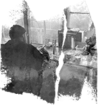 Decorative paint strokes with faint image of man writing at a desk