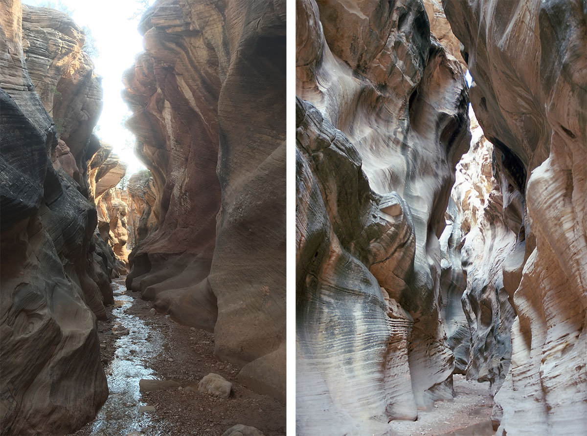 iPhone image of canyon versus Nikon FE image of slot canyon in Utah, the canyon walls rise up on either side, around 25 feet or so